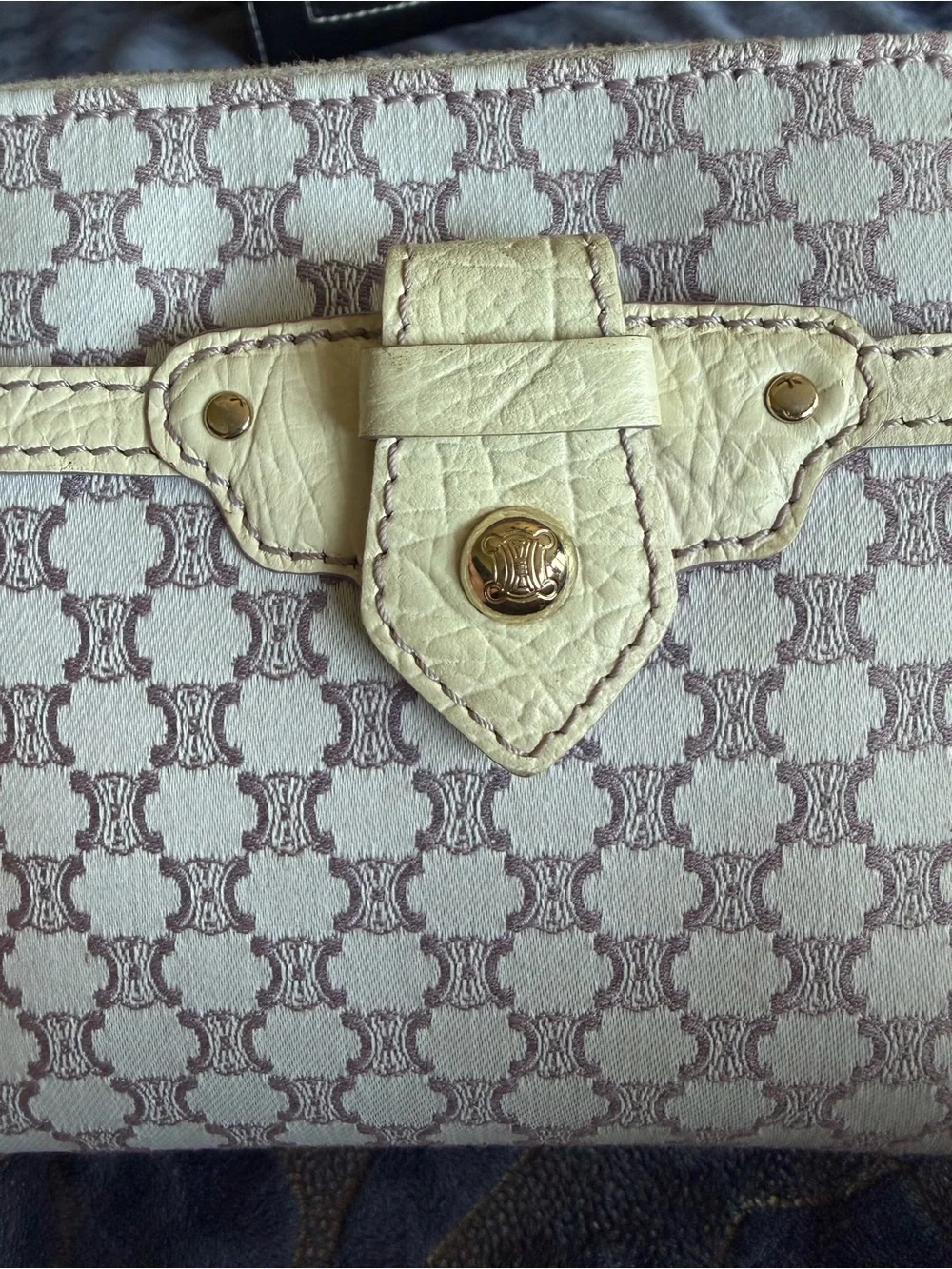 Authentic CELINE Cream Patterned Women's Zip Pouch with Cream Trim